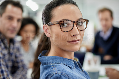 Buy stock photo Portrait, serious leader and business woman in office with team for job, coworking or about us at startup meeting. Face, confidence or professional manager, creative entrepreneur or editor in glasses