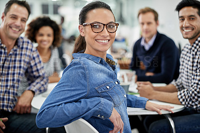 Buy stock photo Coworking, woman and portrait of creative meeting with teamwork on writing project. Confident, writer and people in collaboration editing news, article or planning newspaper in journalist office