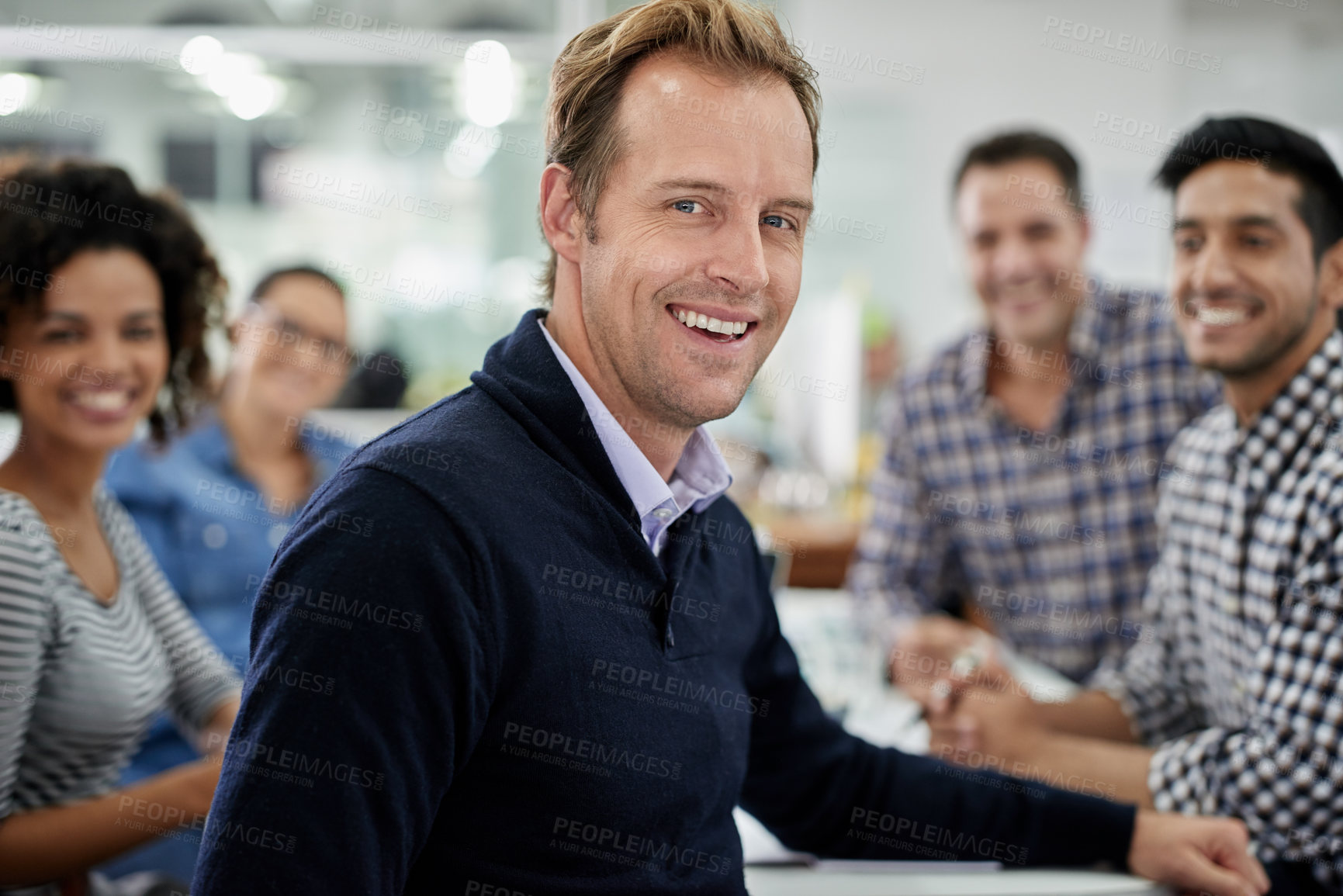 Buy stock photo Diversity, people and smile at office for collaboration, teamwork and team building as copywriters. Portrait, happy and boss with employees at work as leader or ceo of company, business and confident