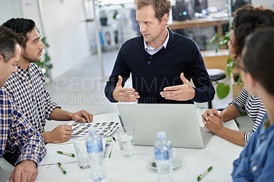 Buy stock photo Laptop, discussion and business people in office for creative research planning in collaboration. Technology, computer and copywriting team working on public relations project together in workplace.