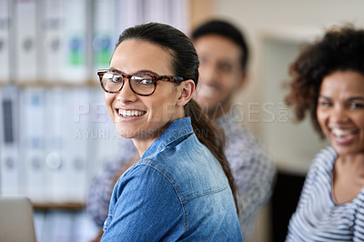 Buy stock photo Portrait, leader and happy business woman in office with team for career, coworking or about us at startup workplace. Face, smile or professional manager, creative entrepreneur or writer with glasses