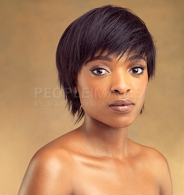 Buy stock photo Black woman, portrait and makeup in studio for cosmetics, skincare and dermatology for beauty. Collagen, face and African female person with microblading for spa treatment and glow for self care 