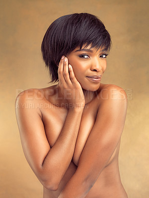 Buy stock photo Portrait, power and black woman in studio, skincare and cosmetics for beauty, routine and aesthetic. Gold background, dermatology and results of treatment in skin, face and body for African person