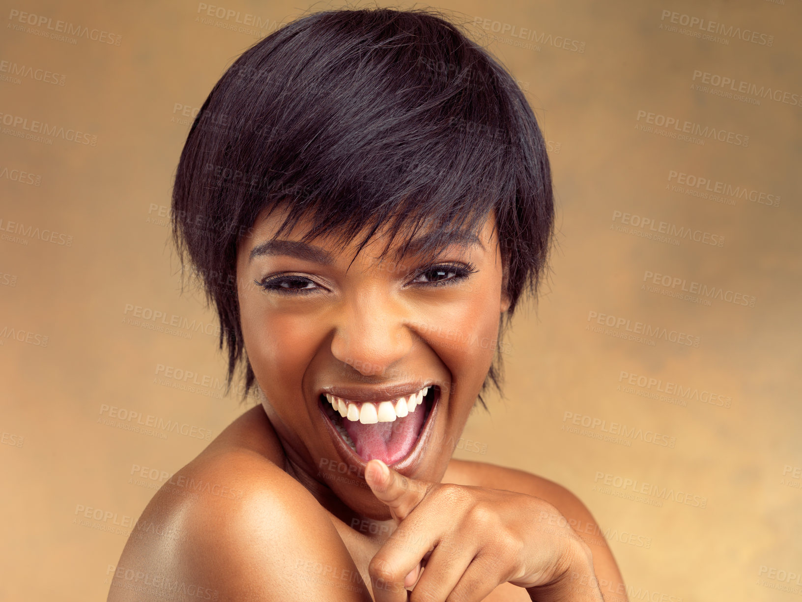 Buy stock photo Skincare, pointing and portrait of black woman in studio for wellness, clean and natural face routine. Cosmetic, beauty and African female model with facial dermatology treatment by brown background.