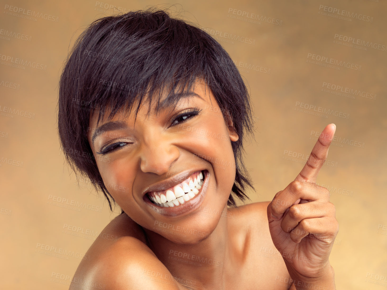 Buy stock photo Skincare, excited and portrait of black woman in studio for wellness, clean and natural face routine. Cosmetic, beauty and African female model with facial dermatology treatment by brown background.