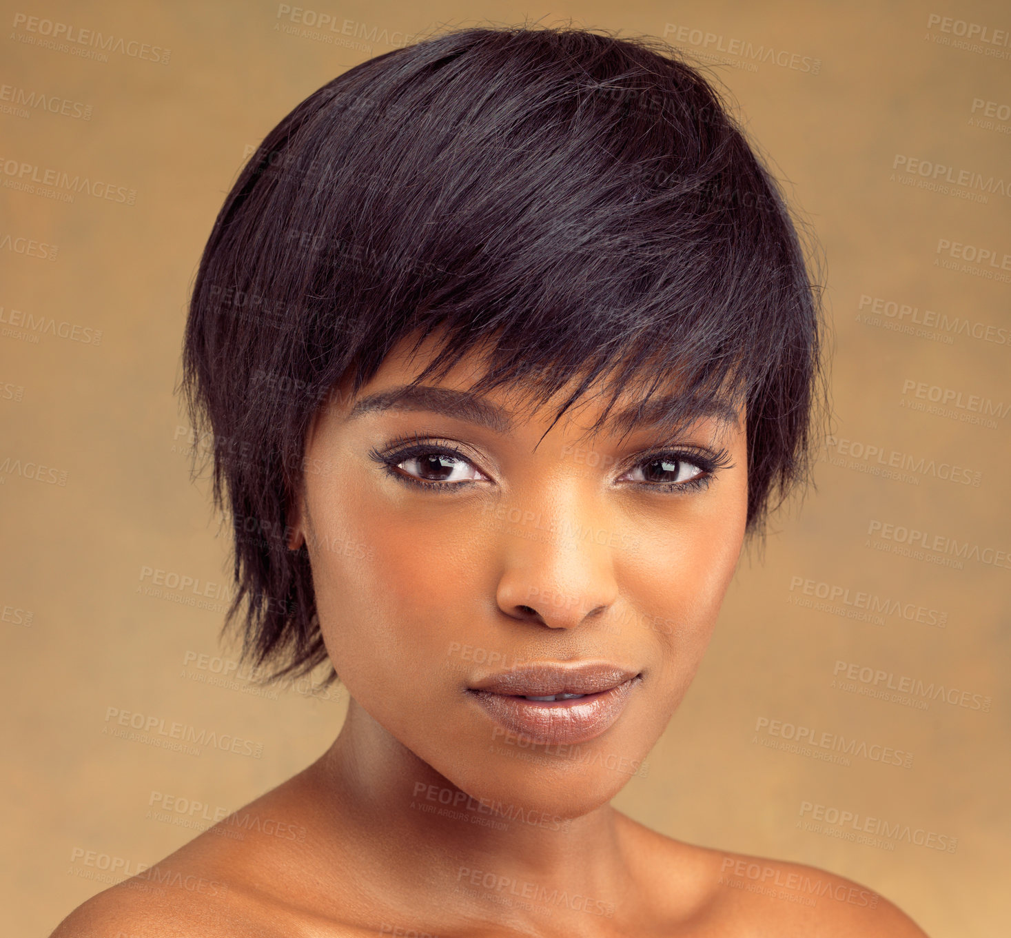 Buy stock photo Skincare, wellness and portrait of black woman in studio for health, clean and natural face routine. Cosmetic, beauty and African female model with facial dermatology treatment by brown background.