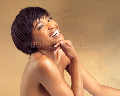 Buy stock photo African woman, laughing and skincare with portrait in studio for beauty, makeup or cosmetics with confidence. Female person, glow and happy on background for dermatology, wellness and smooth skin