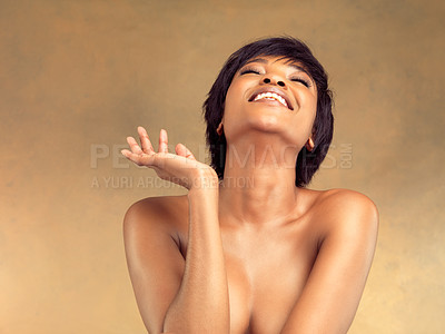 Buy stock photo Fun, skincare and portrait of black woman laughing, carefree face and natural makeup in studio. Dermatology, beauty and happy girl with facial care, skin glow and treatment benefits on brown background