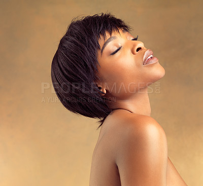 Buy stock photo Beauty, calm and black woman in studio, cosmetic and makeup isolated on brown background. Face, skincare and self care for facial and spa or salon treatment, natural and glow for female model 