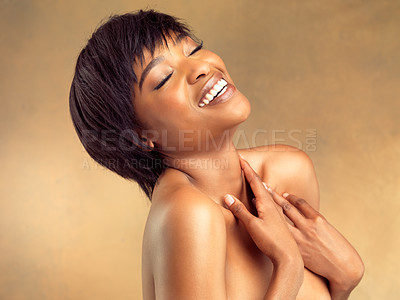 Buy stock photo Cosmetics, skincare and black woman in studio laughing, carefree face and natural makeup. Dermatology, beauty and happy girl with facial care, skin glow and anti aging benefits on brown background.