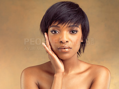 Buy stock photo Portrait, girl and studio for skincare, cosmetics and black woman for dermatology, beauty and facial treatment. Close up, background and self care in spa, healthy skin and make up of female model