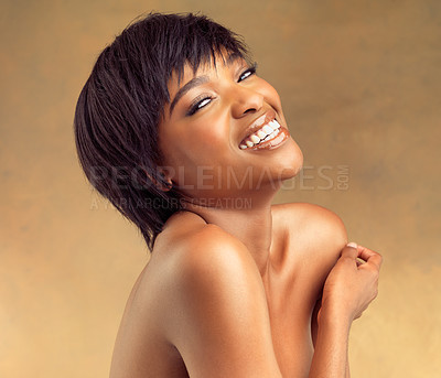 Buy stock photo Hair care, laughing or portrait of black woman in studio for keratin growth, healthy shine or wellness. Funny model, cosmetics or face of happy girl with natural texture or glow on brown background