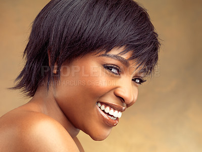 Buy stock photo Portrait, natural and black woman in studio, beauty and cosmetics for face, routine and aesthetic. Gold background, dermatology and results of treatment in skin, happy and skincare for African person