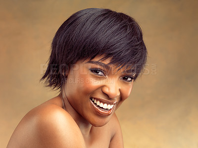 Buy stock photo Black woman, beauty and makeup in studio, smile and portrait for facial wellness by brown background. Girl, person and model with skin health, cosmetics and happy with dermatology for transformation