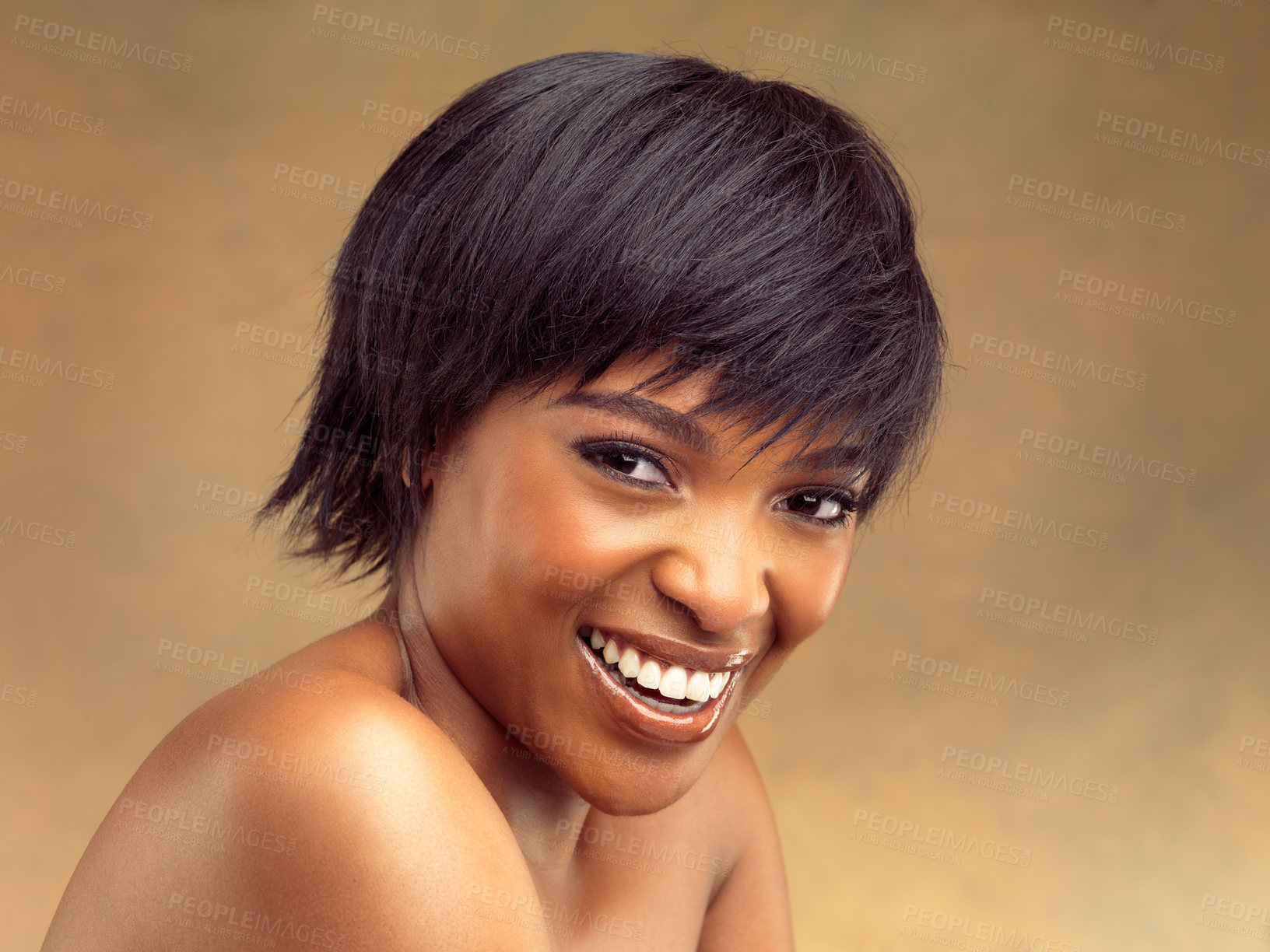 Buy stock photo Black woman, beauty and makeup in studio, smile and portrait for facial wellness by brown background. Girl, person and model with skin health, cosmetics and happy with dermatology for transformation