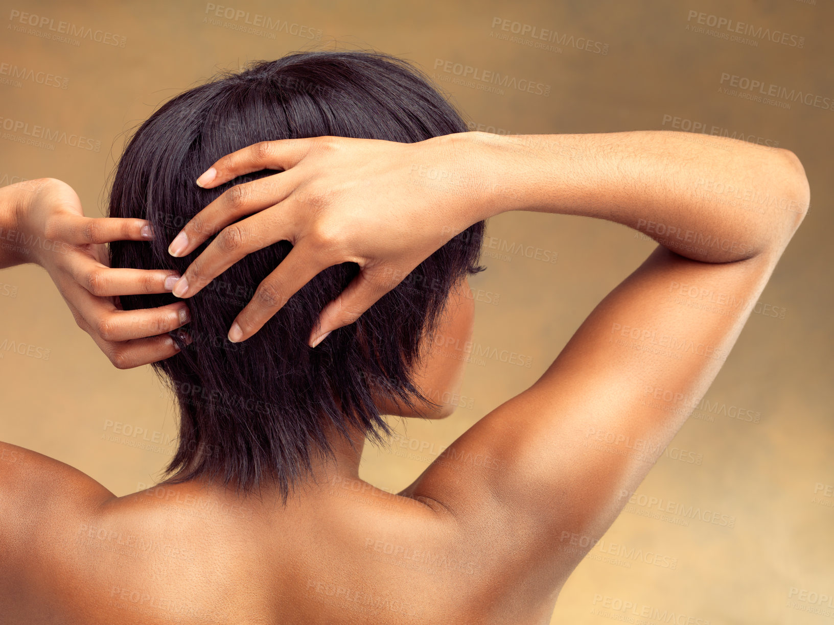 Buy stock photo Studio, back and beauty for black woman, arms and haircare isolated on brown background. Grooming, hairstyle and self care for salon or spa treatment, hands or cosmetology with cosmetic healthy shine