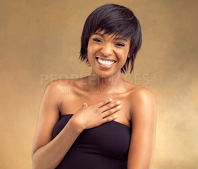 Buy stock photo Skin, aesthetic and laughing portrait of black woman for skincare, beauty and cosmetics on background. Happy, face and gen z girl for self care, dermatology or wellness with makeup on studio backdrop