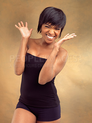 Buy stock photo Hair care, excited or portrait of black woman in studio for keratin growth, healthy shine or surprise. Shock, cosmetics discount or face of happy girl with natural texture or glow on brown background