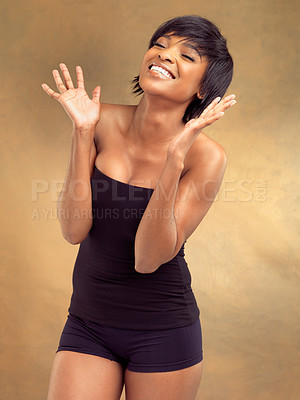 Buy stock photo Hair care, celebration or excited black woman in studio for keratin growth, healthy shine or surprise. Shock, cosmetics discount or face of happy girl with natural texture or glow on brown background