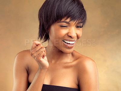 Buy stock photo African woman, wink and expression in portrait for dermatology, beauty and trend for skin care or results. Black, female person and style with pride, hair care on background for wellness or cosmetic