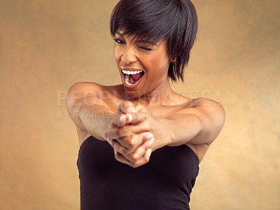 Buy stock photo African woman, wink and pointing in portrait for skin care, beauty and choice for cosmetology or results. Black, female person and gen z with pride, dermatology on backdrop in wellness or cosmetic