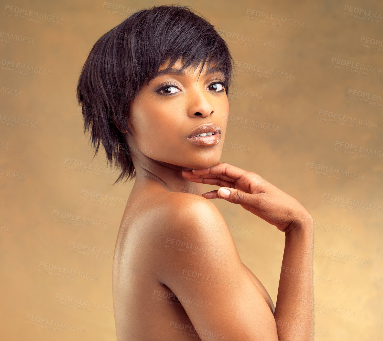 Buy stock photo African woman, portrait and skincare in studio for cosmetics, beauty and trend in dermatology for results. Black, female person and gen z in cosmetology for collagen or makeup in beige background
