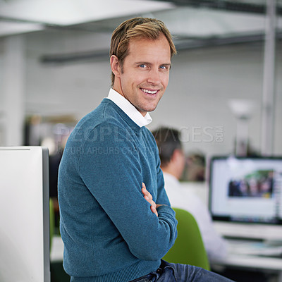 Buy stock photo Businessman, smile and portrait in office with arms crossed for leadership, computer and professional workplace. Male person, happy and professional indoors for employment, co working and management
