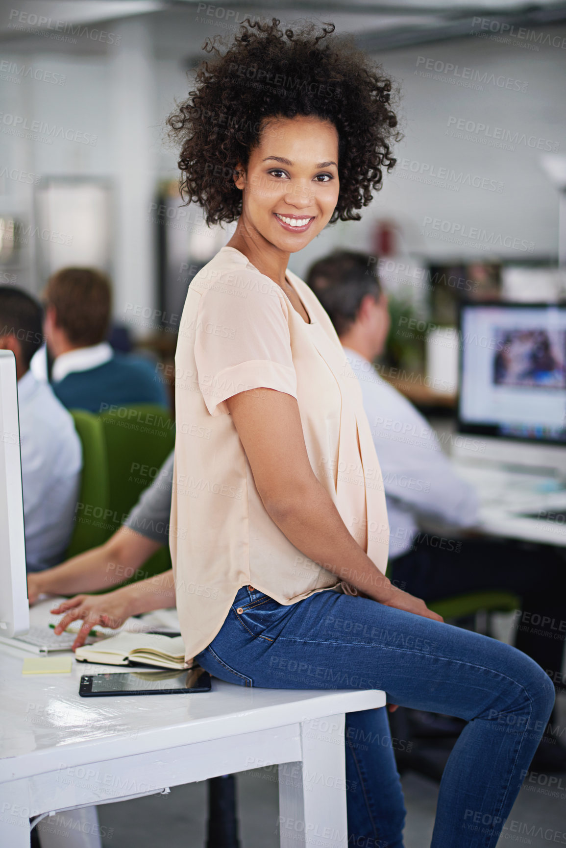 Buy stock photo Portrait, woman and desk in office with computer for creative agency, smile and graphic design. Workplace, tech and face of female worker for company with online career, artistic skill and business