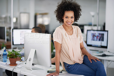 Buy stock photo Face, woman and desk in office with computer for creative agency, smile and graphic design. Workplace, tech and portrait of female worker for company with online career, artistic skill and business