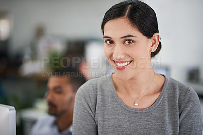 Buy stock photo Portrait, woman and business in office, creative and smile for work, designer and startup of agency. Worker, employee and female person, happiness and joy for position in workplace and confidence