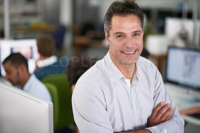 Buy stock photo Businessman, smile and portrait with arms crossed in office for job in startup with closeup for work. Male person, manager and happy on desk with computer in company with entrepreneur for pride