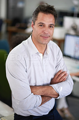 Buy stock photo Businessman, office and table in portrait with arms crossed in  for job in workplace for startup. Male person, manager and happy on desk with technology in company with entrepreneur pride
