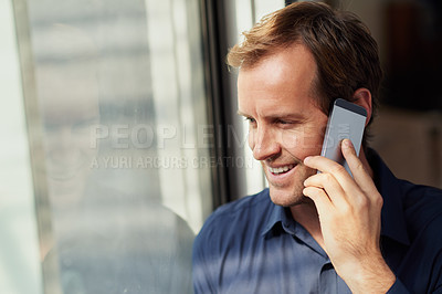 Buy stock photo Happy businessman office talking smartphone for client communication, planning and information for project growth. Professional, male person and digital technology for finance report on company
