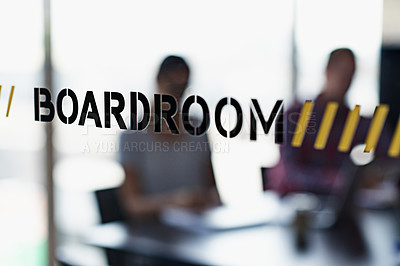 Buy stock photo Boardroom, window and colleagues in office for training, collaboration or communication in background. Conference room, coworkers and meeting team for recruitment, brainstorming and discussion