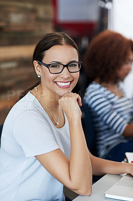 Buy stock photo Portrait, woman and smile in office for startup, project and internship in company workplace. Female employee, happy and planning for teamwork, strategy and creative collaboration for development