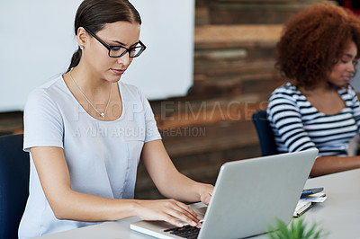 Buy stock photo Business woman, laptop and typing in office for company project, writing email and working online. Female person, technology or pc at desk job for internet website, planning or research collaboration
