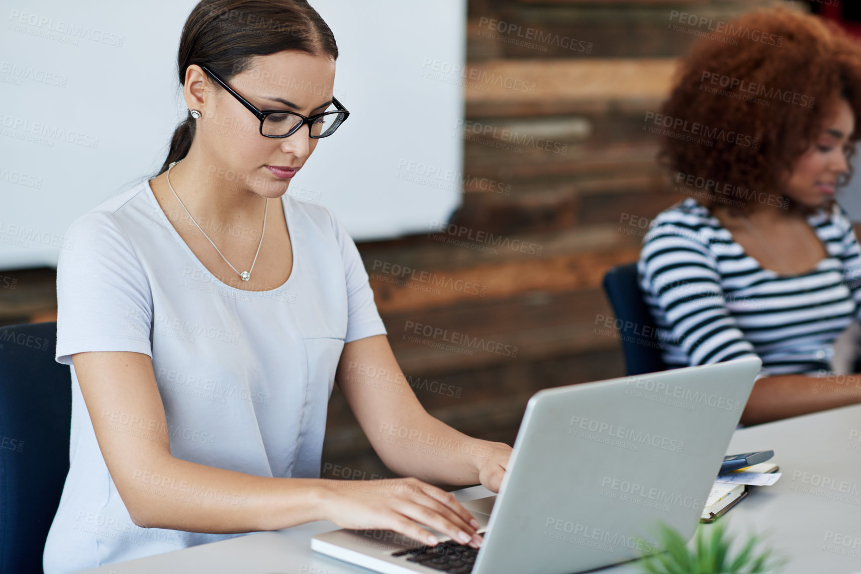Buy stock photo Business woman, laptop and typing in office for company project, writing email and working online. Female person, technology or pc at desk job for internet website, planning or research collaboration