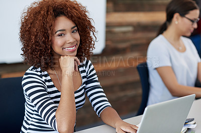 Buy stock photo Person, smile and confident in portrait at office meeting, collaboration or discussion with colleagues. Woman, happy and proud in conference with coworkers for communication, management and training