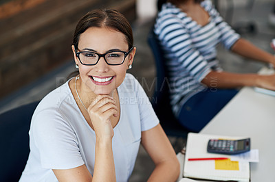 Buy stock photo Finance, portrait and smile with accountant woman in boardroom of office for planning or wealth management. Audit, calculator and meeting with happy employee in workplace for growth or investment