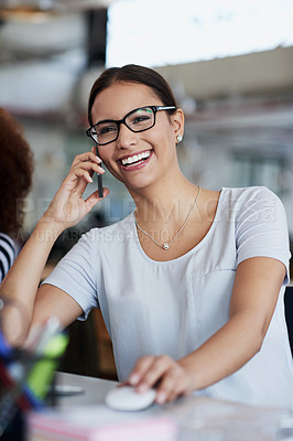 Buy stock photo Office, phone call and woman with smile at desk for networking, communication and planning. Contact, discussion and journalist with smartphone at work for article review, feedback and good advice