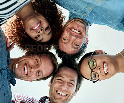 Buy stock photo Smile, staff or people in huddle portrait for collaboration, support or solidarity in low angle. Happy, face or designers with teamwork, partnership or business for about us, community or startup