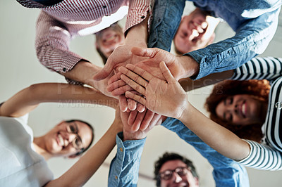Buy stock photo Portrait, business and group with hands together, stack and cooperation with collaboration, teamwork and partnership. Face, staff or team building with support, solidarity and motivation with success