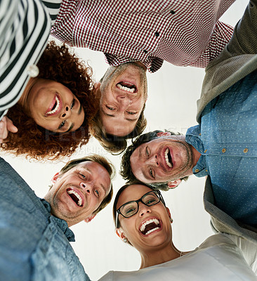 Buy stock photo Laughing, staff or people in huddle portrait for collaboration, support or solidarity in low angle. Happy, funny or designers with teamwork, partnership or business for about us, community or startup