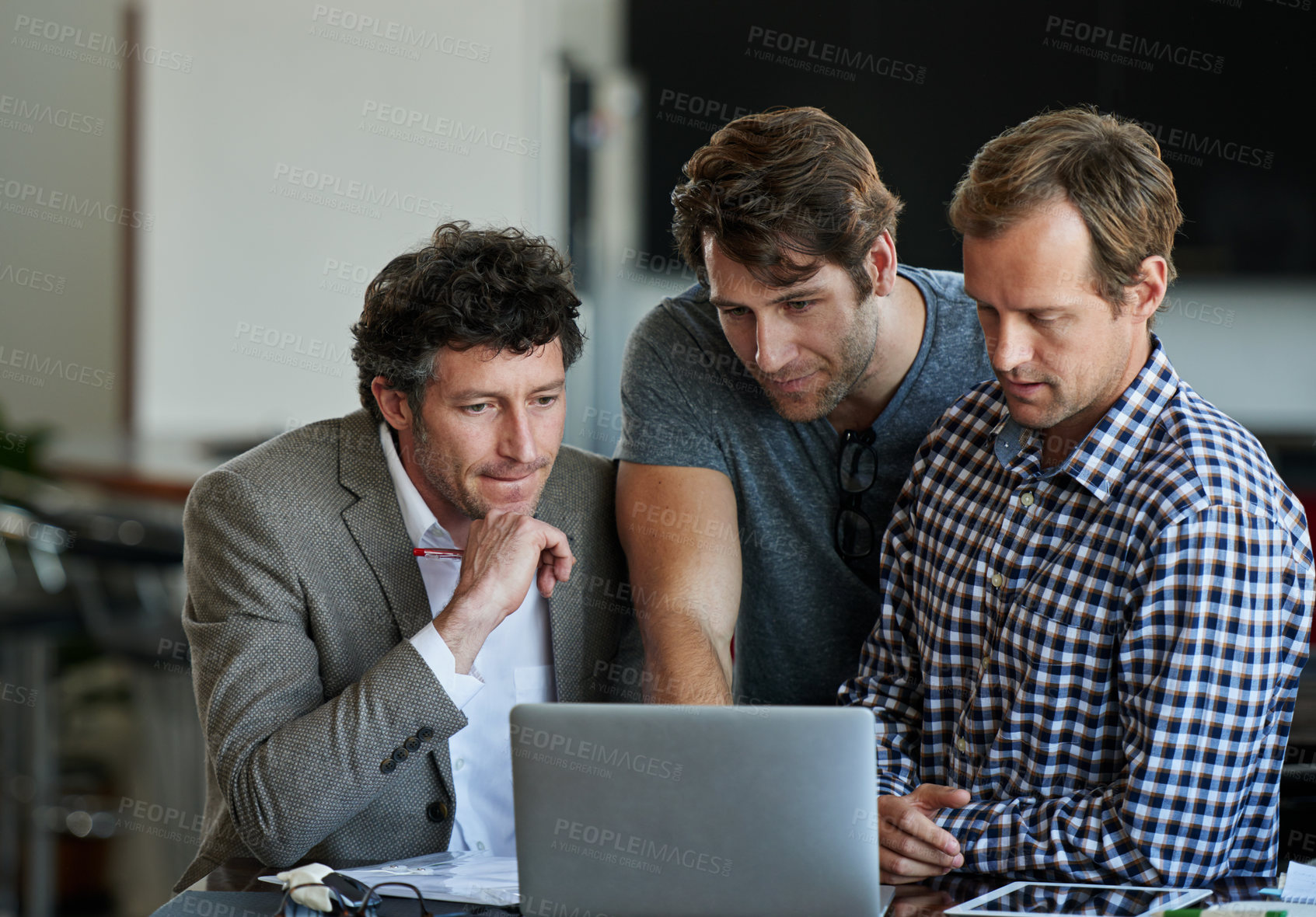 Buy stock photo Business people, laptop and talking in office for online plan, corporate strategy or partnership. Men, technology and meeting with teamwork for internet connection, email report or communication