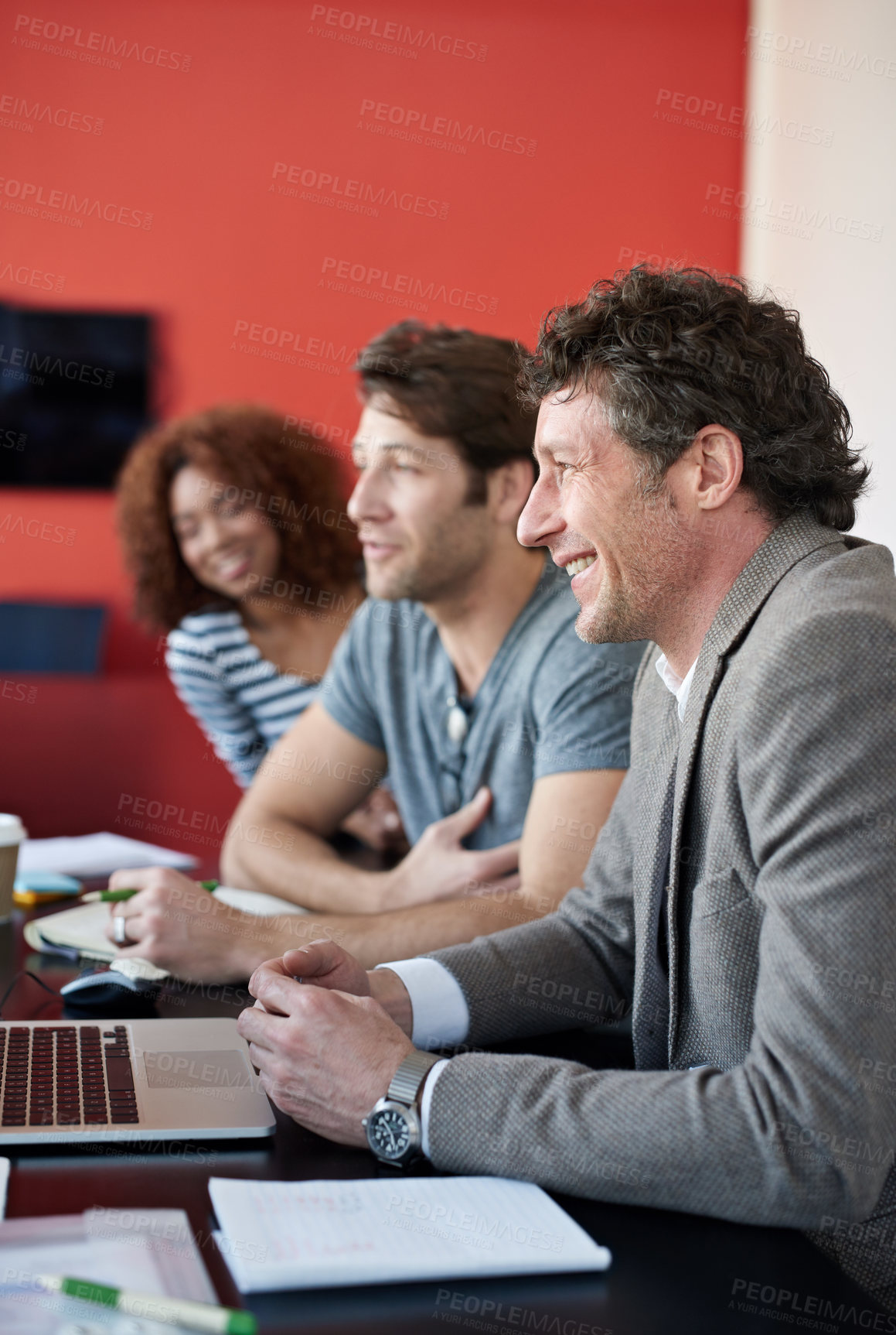 Buy stock photo Happy, businessman and staff with laptop in meeting for feedback, information and planning with support for project. Smile, male person and discussion, document and ideas for research as developer