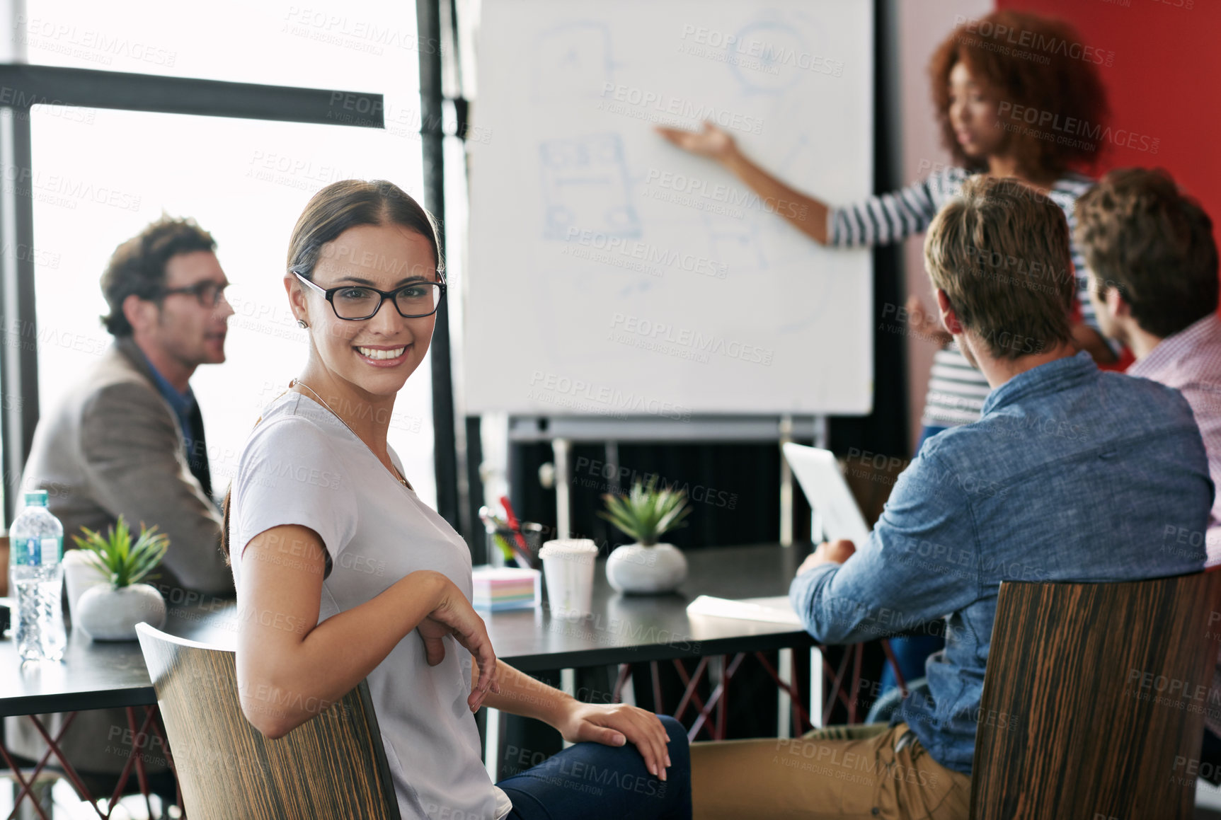 Buy stock photo Portrait, woman and boardroom for meeting with coworker, office and corporate for planning. Professional, colleague and conference for financial advisor, team and presentation for strategy or project