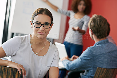 Buy stock photo Portrait, woman and boardroom for meeting with coworker, office and planning for project. Professional, colleagues and conference for financial advisor, team and presentation for training or seminar