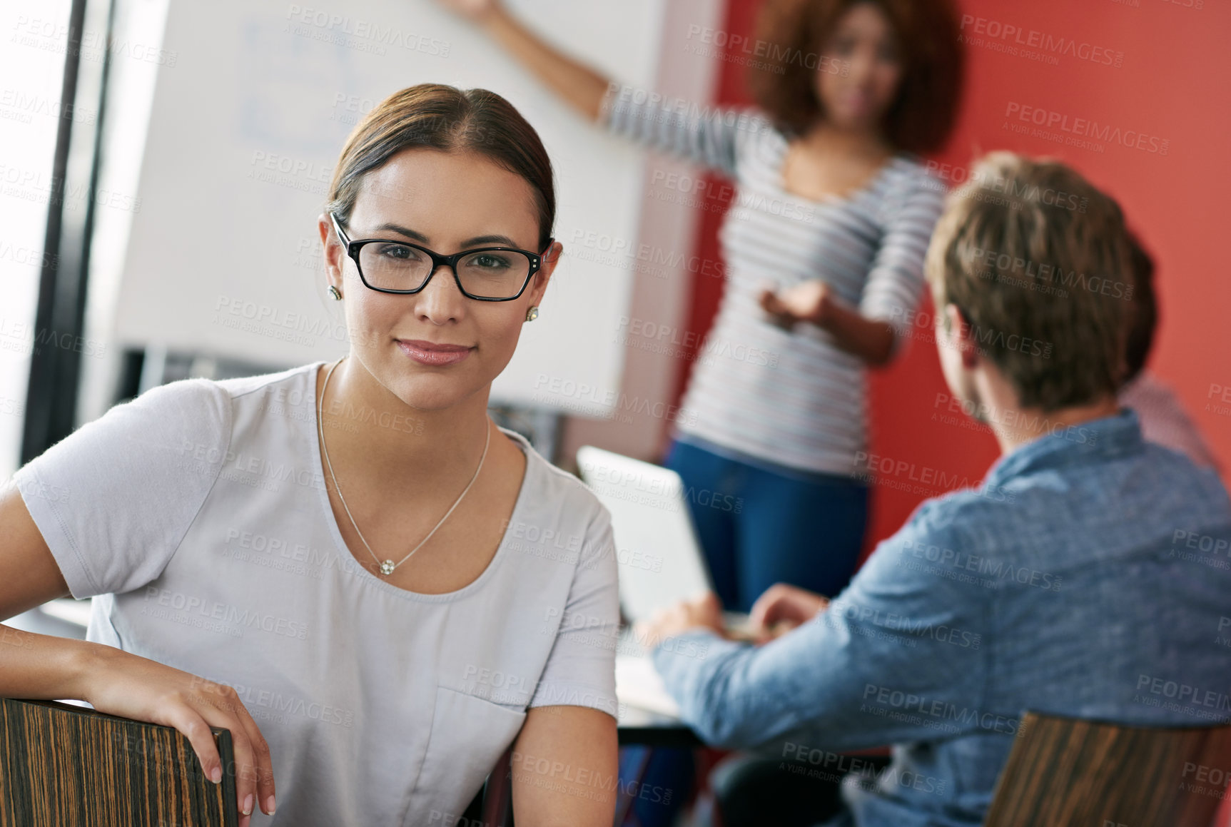 Buy stock photo Portrait, woman and boardroom for meeting with coworker, office and planning for project. Professional, colleagues and conference for financial advisor, team and presentation for training or seminar