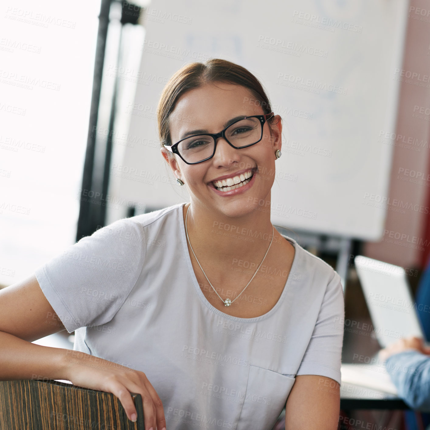 Buy stock photo Portrait, woman and boardroom for meeting with smile, office and corporate for planning. Professional, coworkers and conference for financial advisor, team and presentation for strategy or project