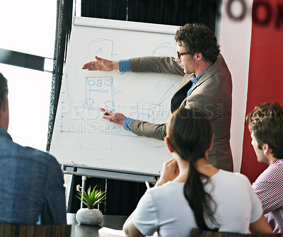 Buy stock photo Shot of a man giving a presentation to colleagues in a boardroom